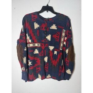 LRL Ralph Lauren Jeans Co Red Blue Aztec Southwestern Elbow Patch Henley Women
